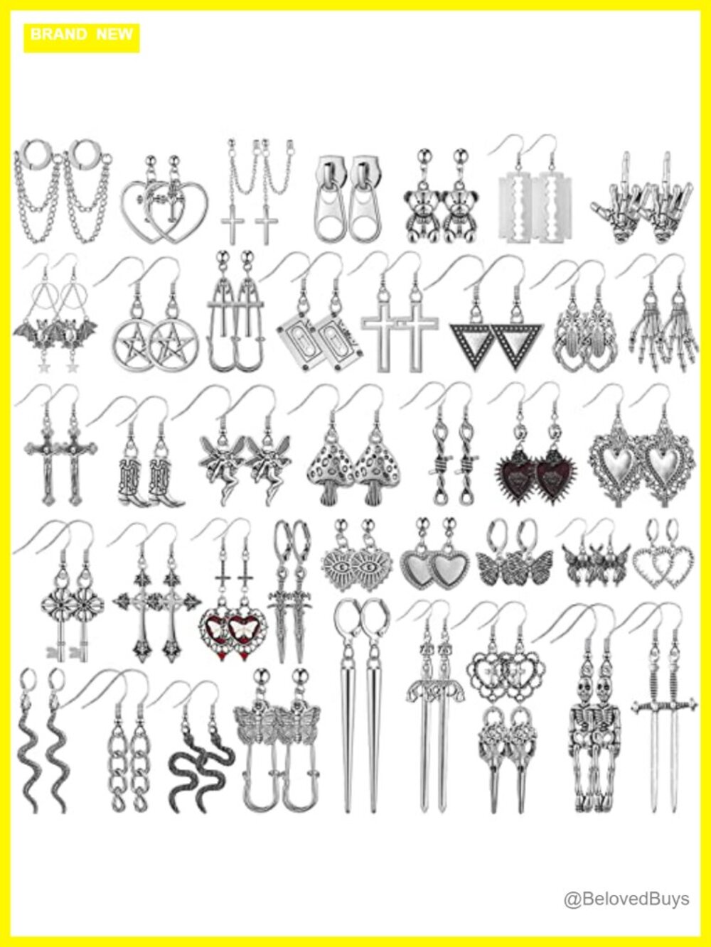 40 Pairs Gothic Punk Earrings Set Alloy Dangle Drop Y2k Grunge Skull Bat Cross